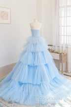 Blue Strapless Tulle Layers Long Formal Prom Dress, A-Line Evening Dress