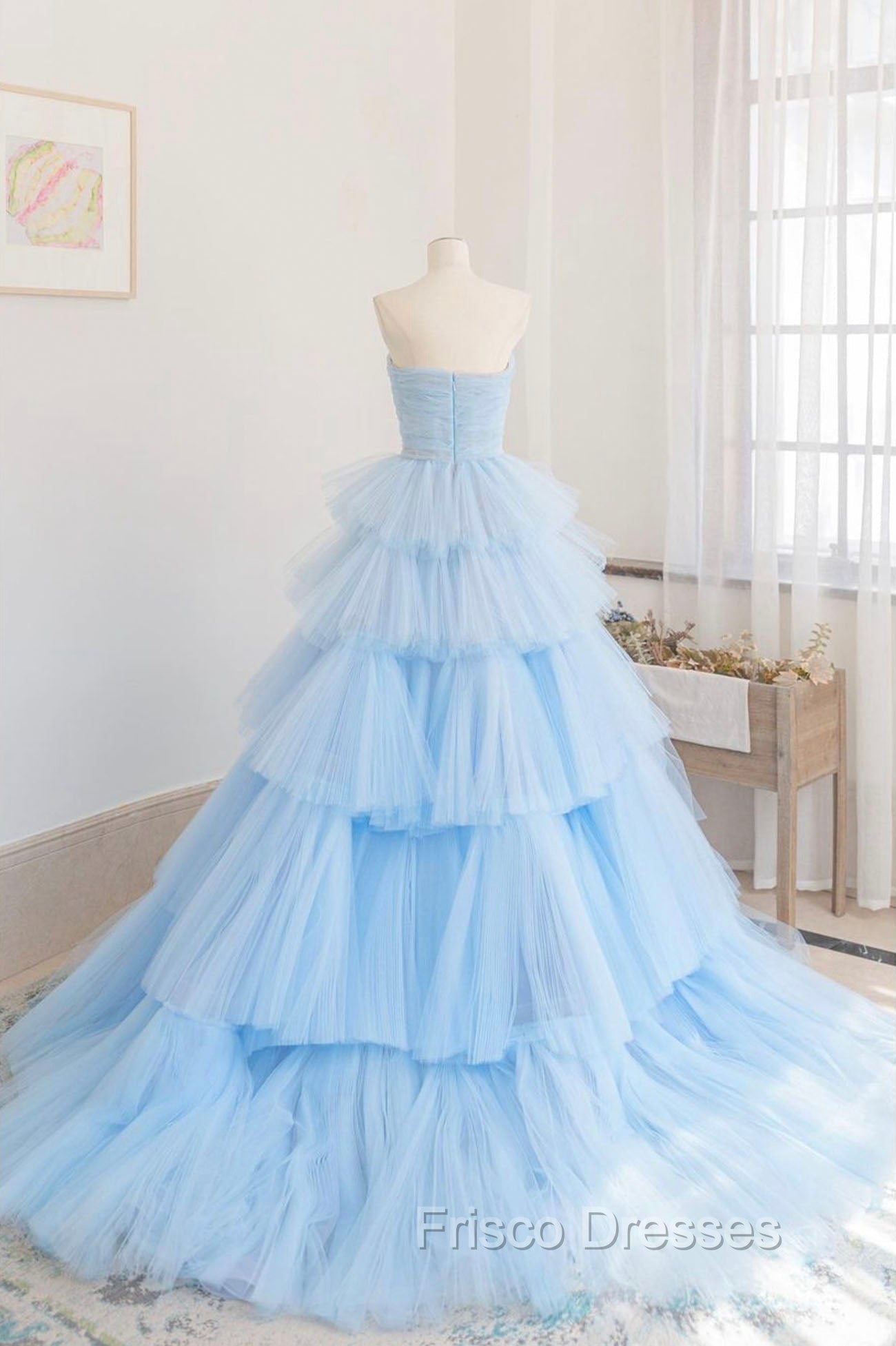 Blue Strapless Tulle Layers Long Formal Prom Dress, A-Line Evening Dress