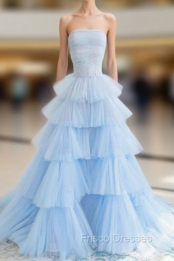 Blue Strapless Tulle Layers Long Formal Prom Dress, A-Line Evening Dress