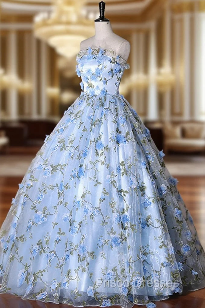 Blue Strapless Tulle Long Formal Prom Dress, A-Line Evening Dress Party Dress