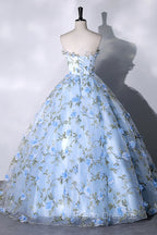 Blue Strapless Tulle Long Formal Prom Dress, A-Line Evening Dress Party Dress