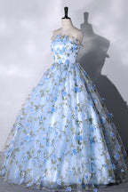 Blue Strapless Tulle Long Prom Dress, Blue A-Line Evening Party Gown