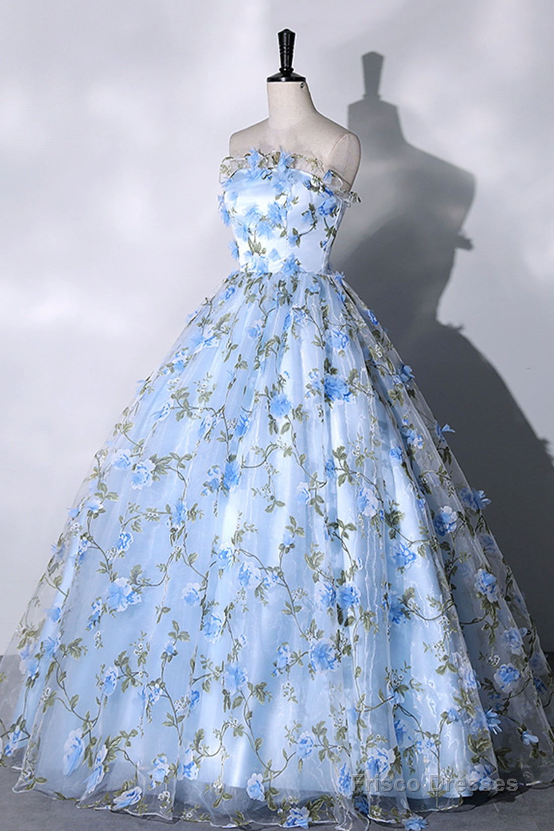 Blue Strapless Tulle Long Prom Dress, Blue A-Line Evening Party Gown