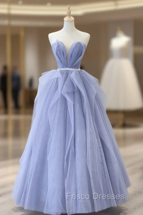 Blue Strapless Tulle Long Formal Prom Dress, Lovely Sweetheart Neckline Evening Dress Main image