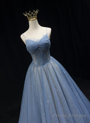 Blue Straps Beaded Tulle A-Line Long Party Dress, Blue Fashionable Prom Dress