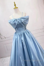 Blue Sweet A-Line Spaghetti Strap Satin Long Formal Prom Dress Evening Party Dress