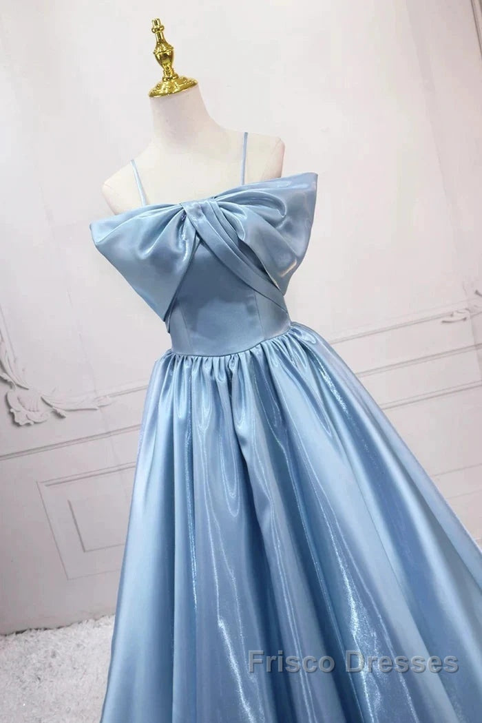 Blue Sweet A-Line Spaghetti Strap Satin Long Formal Prom Dress Evening Party Dress