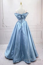 Blue Sweet A-Line Spaghetti Strap Satin Long Formal Prom Dress Evening Party Dress
