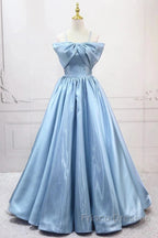 Blue Sweet A-Line Spaghetti Strap Satin Long Formal Prom Dress Evening Party Dress