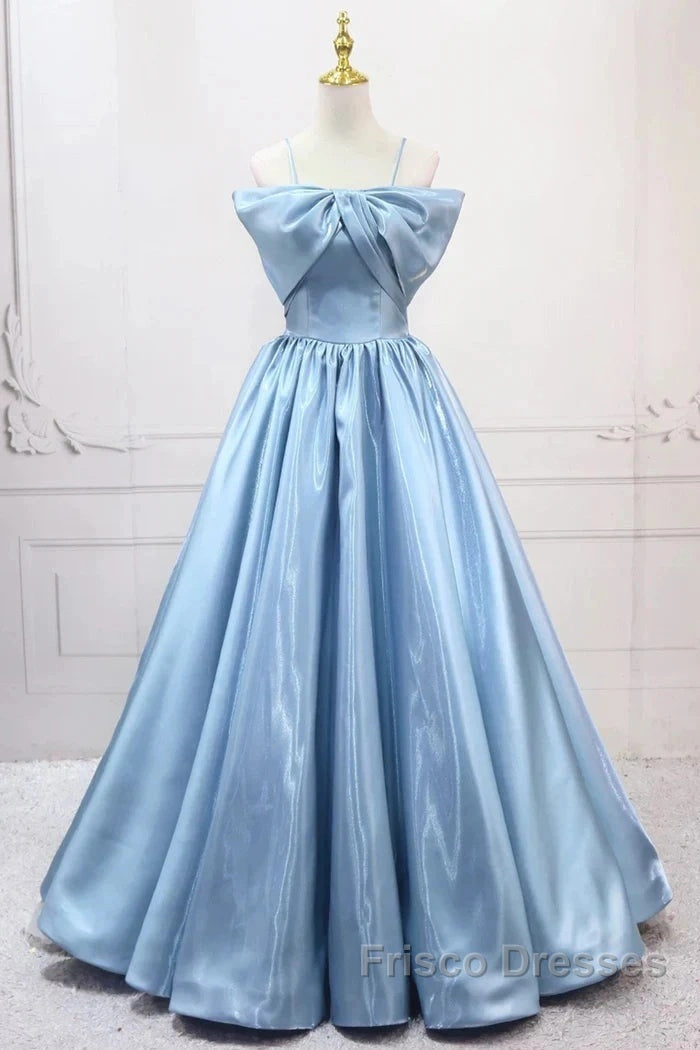 Blue Sweet A-Line Spaghetti Strap Satin Long Formal Prom Dress Evening Party Dress