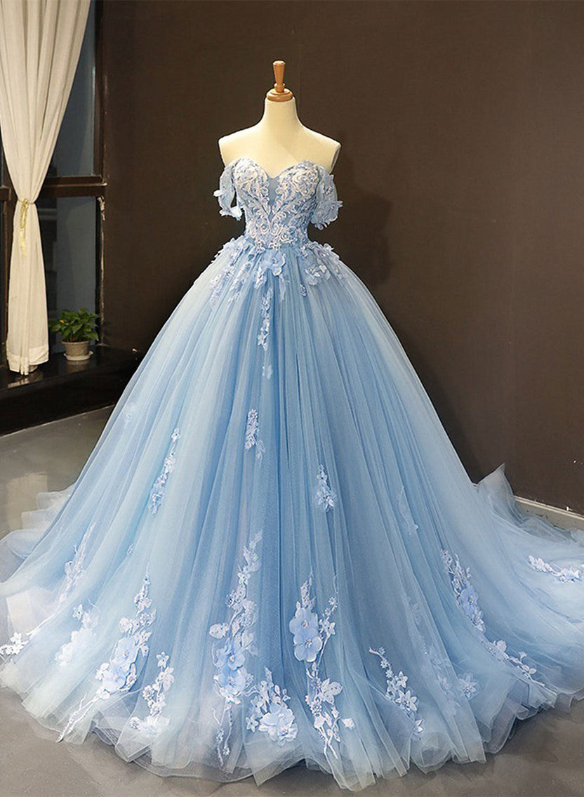 Blue Sweetheart Ball Gown Flowers Sweet 16 Dress, Blue Off Shoulder We