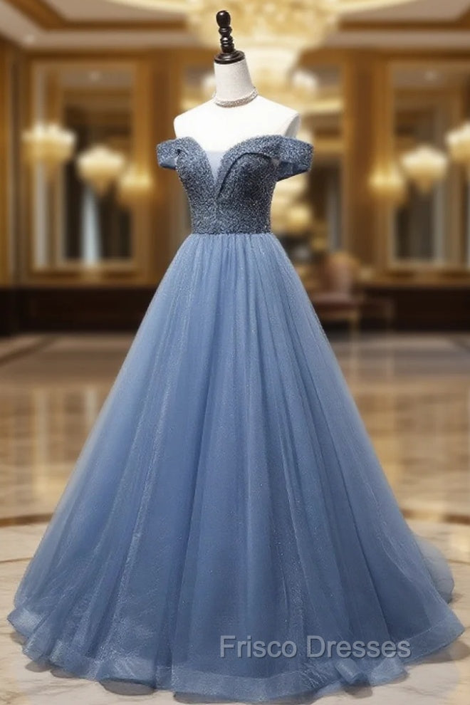 Blue Sweetheart Neck Beads Long Formal Prom Dress, Blue Tulle Formal Dress With Beading Sequin Main image