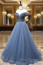 Blue Sweetheart Neck Beads Long Formal Prom Dress, Blue Tulle Formal Dress With Beading Sequin