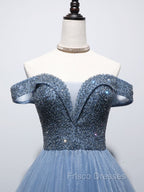 Blue Sweetheart Neck Beads Long Formal Prom Dress, Blue Tulle Formal Dress With Beading Sequin