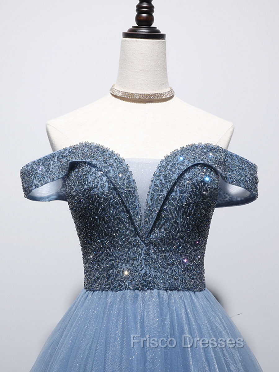 Blue Sweetheart Neck Beads Long Formal Prom Dress, Blue Tulle Formal Dress With Beading Sequin