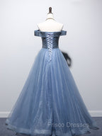 Blue Sweetheart Neck Beads Long Formal Prom Dress, Blue Tulle Formal Dress With Beading Sequin