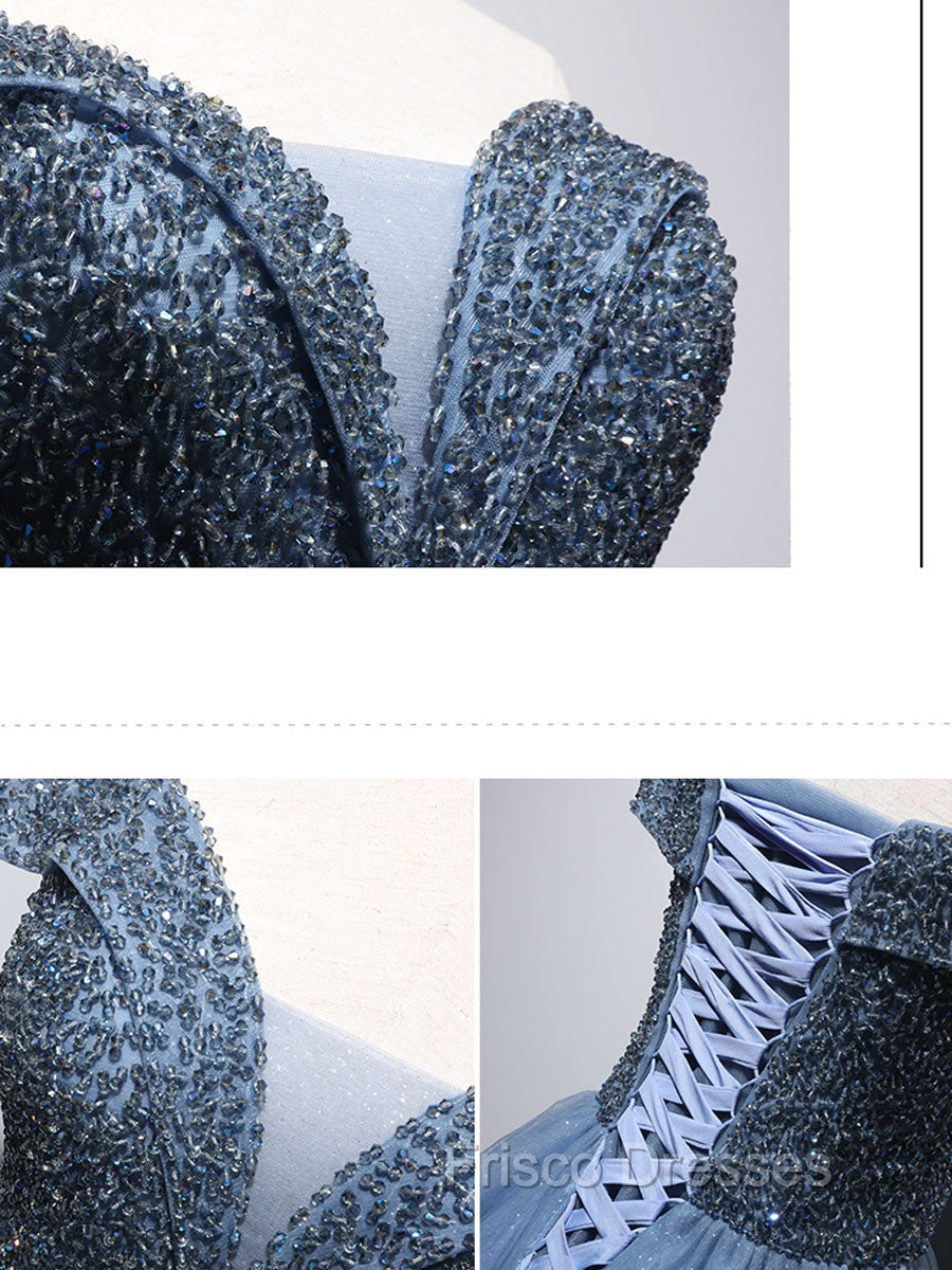 Blue Sweetheart Neck Beads Long Formal Prom Dress, Blue Tulle Formal Dress With Beading Sequin