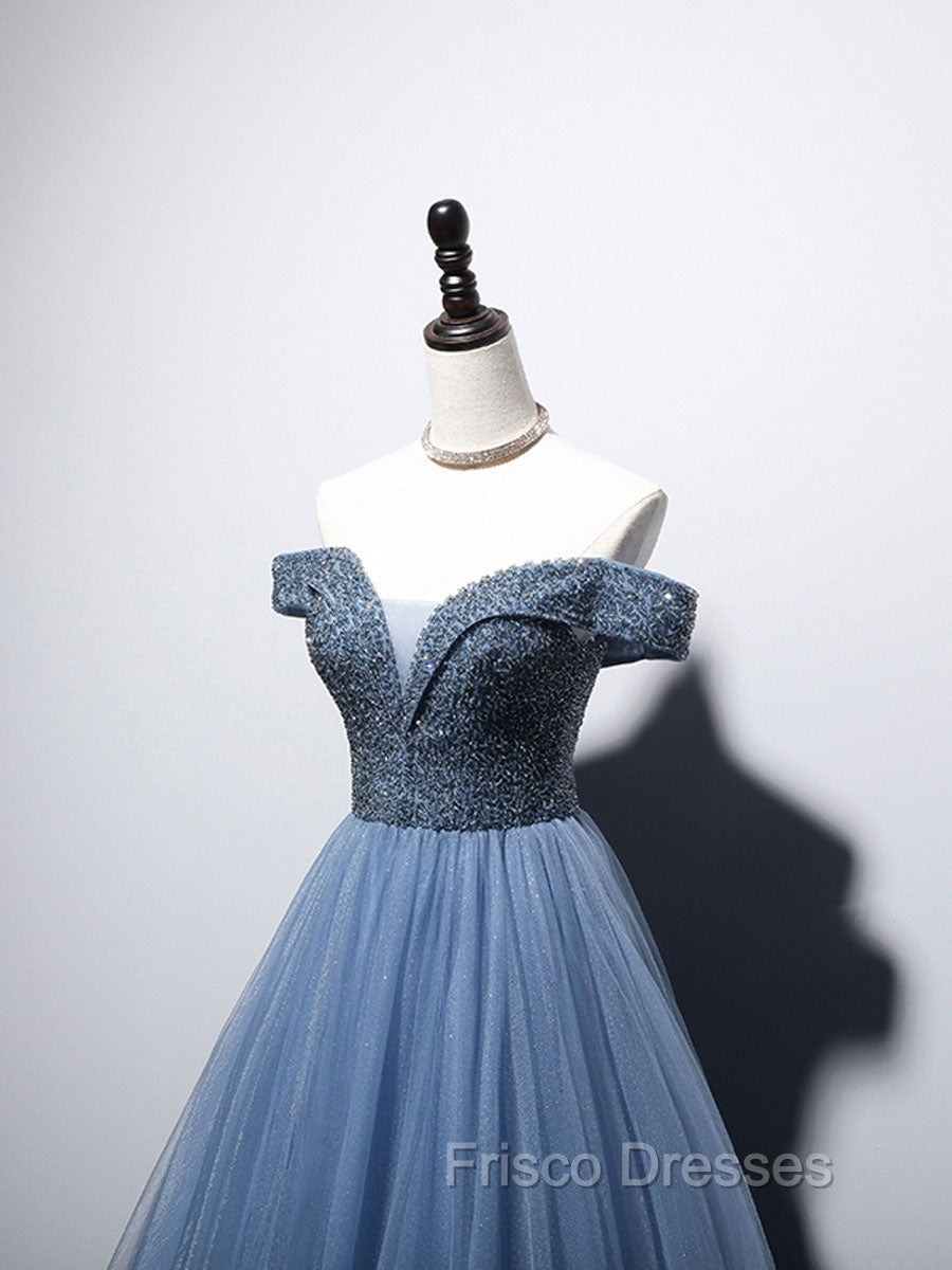 Blue Sweetheart Neck Beads Long Formal Prom Dress, Blue Tulle Formal Dress With Beading Sequin
