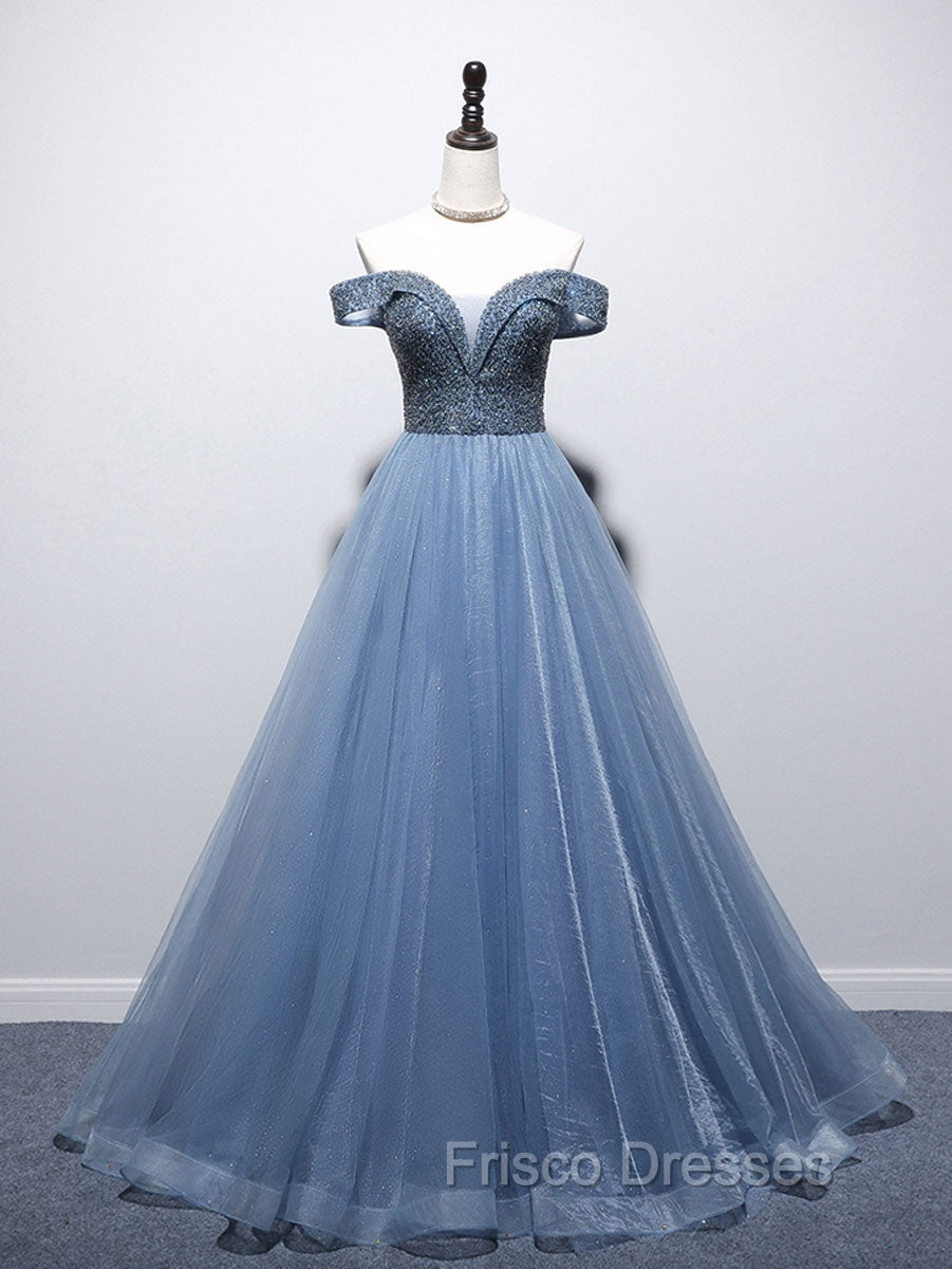 Blue Sweetheart Neck Beads Long Formal Prom Dress, Blue Tulle Formal Dress With Beading Sequin Secondary image