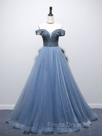 Blue Sweetheart Neck Beads Long Formal Prom Dress, Blue Tulle Formal Dress With Beading Sequin