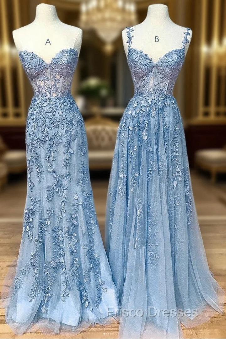Blue Sweetheart Neck Lace Long Formal Prom Dress, Blue A-line Lace Graduation Dress Main image