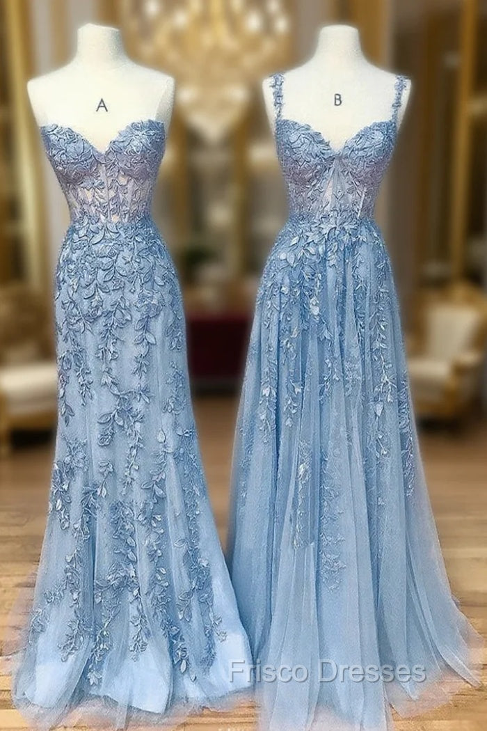 Blue Sweetheart Neck Lace Long Formal Prom Dress, Blue Lace Graduation Dress