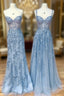 Blue Sweetheart Neck Lace Long Formal Prom Dress, Blue Lace Graduation Dress