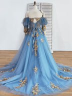 Blue Sweetheart Neck Off Shoulder Long Formal Prom Dress, Lace Evening Dress