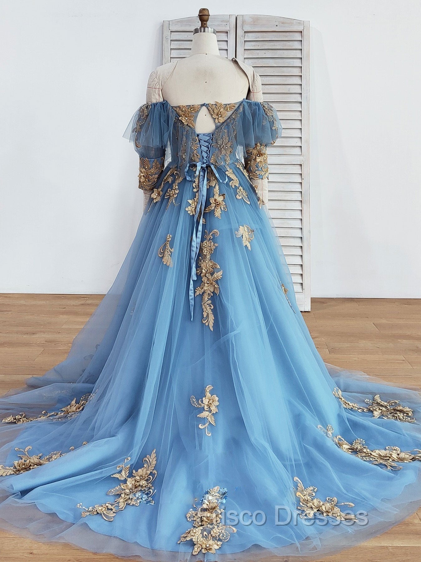 Blue Sweetheart Neck Off Shoulder Long Formal Prom Dress, Lace Evening Dress