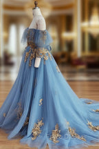 Blue Sweetheart Neck Off Shoulder Long Formal Prom Dress, Lace Evening Dress
