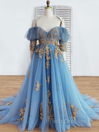 Blue Sweetheart Neck Off Shoulder Long Formal Prom Dress, Lace Evening Dress