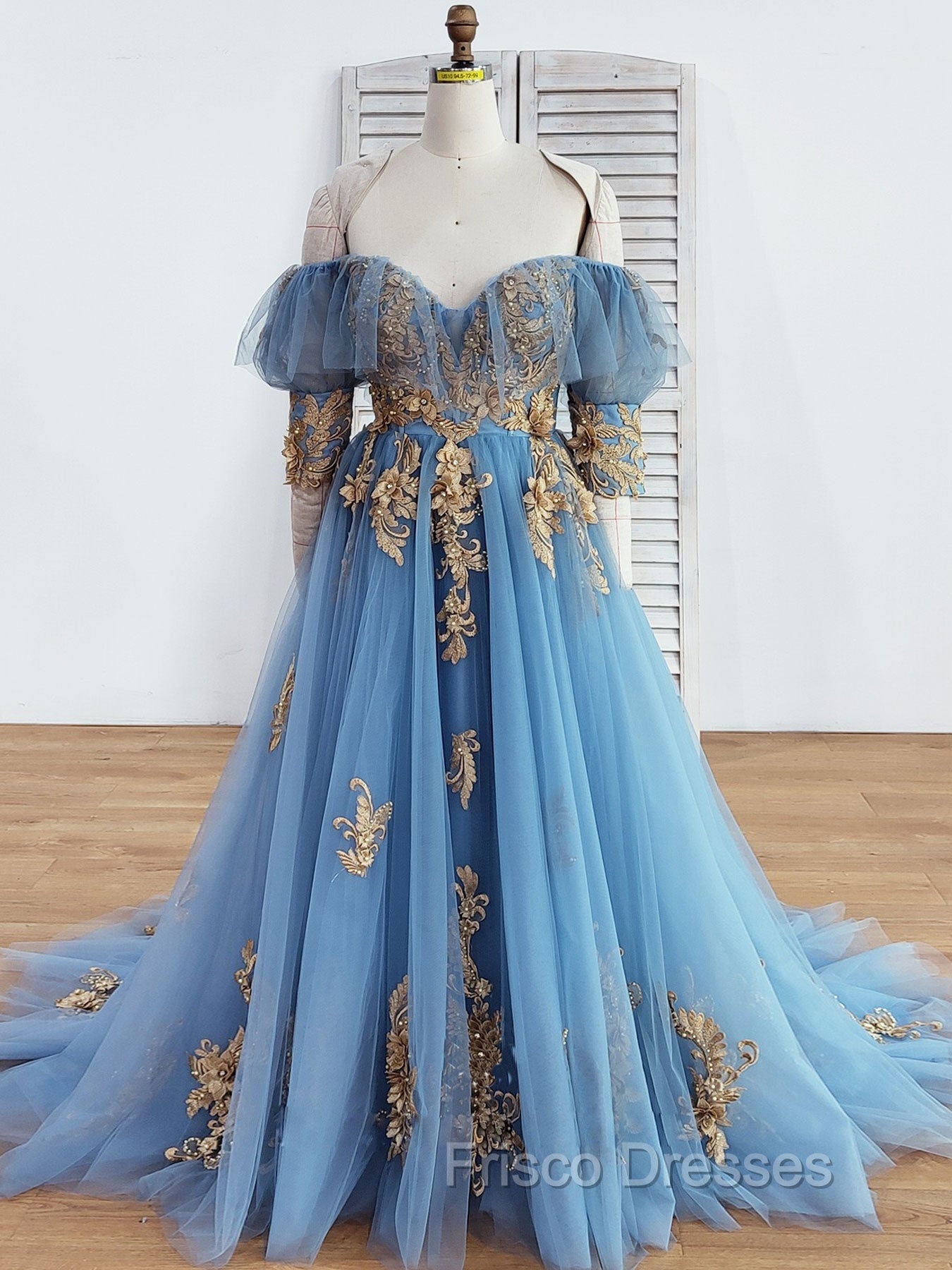 Blue Sweetheart Neck Off Shoulder Long Formal Prom Dress, Lace Evening Dress