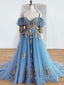 Blue Sweetheart Neck Off Shoulder Long Formal Prom Dress, Lace Evening Dress