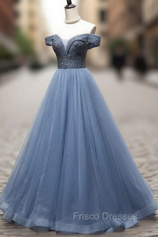 Blue Sweetheart Neck Tulle Beads Off Shoulder Long Formal Prom Dress Secondary image