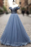 Blue Sweetheart Neck Tulle Beads Off Shoulder Long Formal Prom Dress