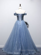 Blue Sweetheart Neck Tulle Beads Off Shoulder Long Formal Prom Dress