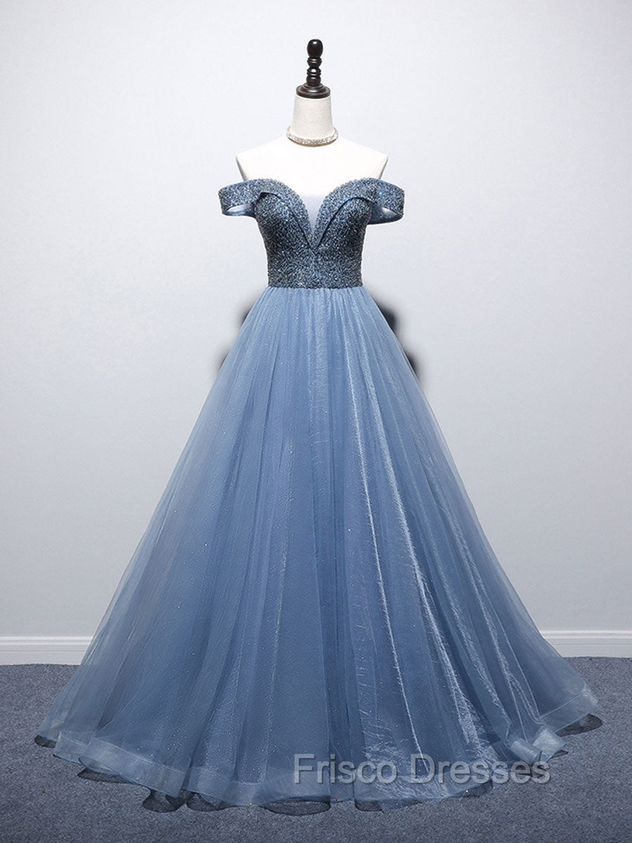 Blue Sweetheart Neck Tulle Beads Off Shoulder Long Formal Prom Dress