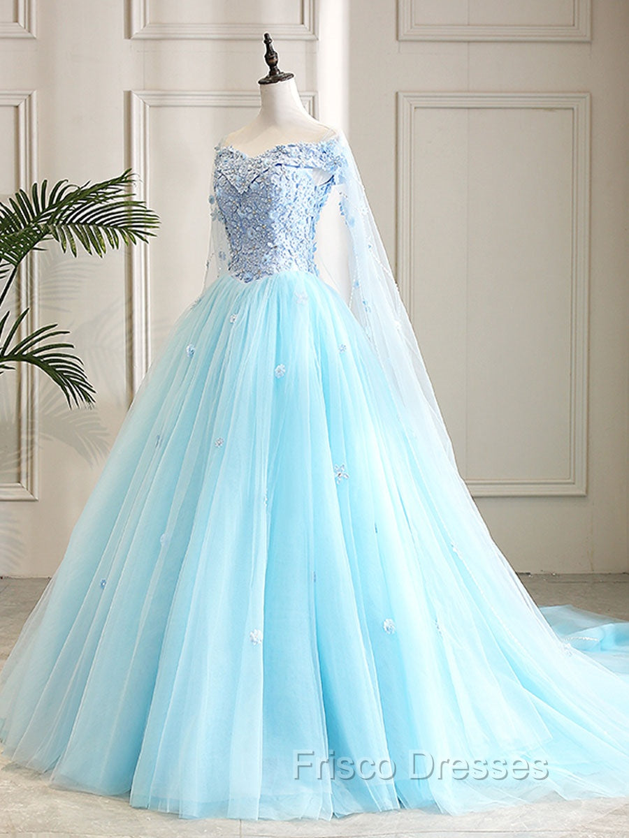 Blue Sweetheart Neck Tulle Lace Long Formal Prom Dress, Blue Evening Dress
