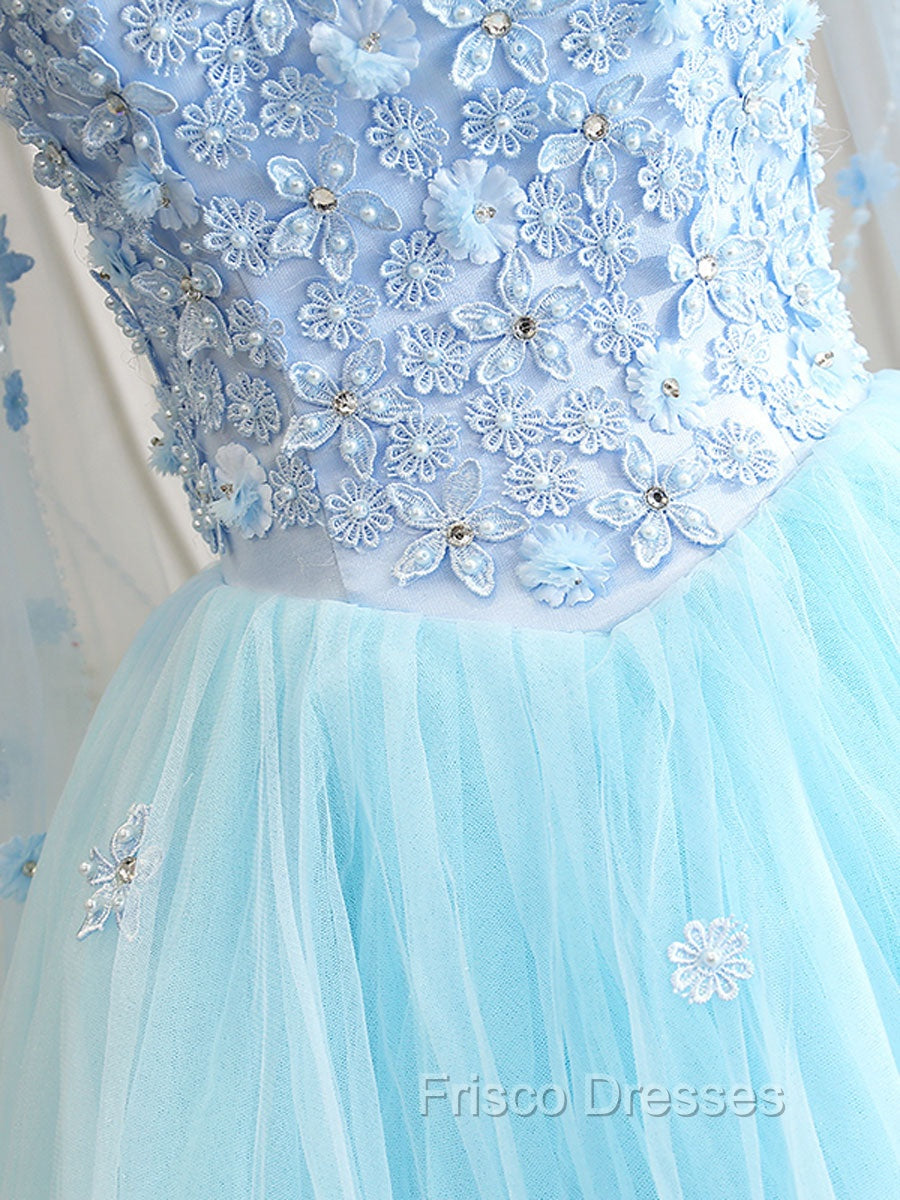Blue Sweetheart Neck Tulle Lace Long Formal Prom Dress, Blue Evening Dress