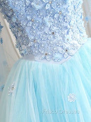 Blue Sweetheart Neck Tulle Lace Long Formal Prom Dress, Blue Evening Dress