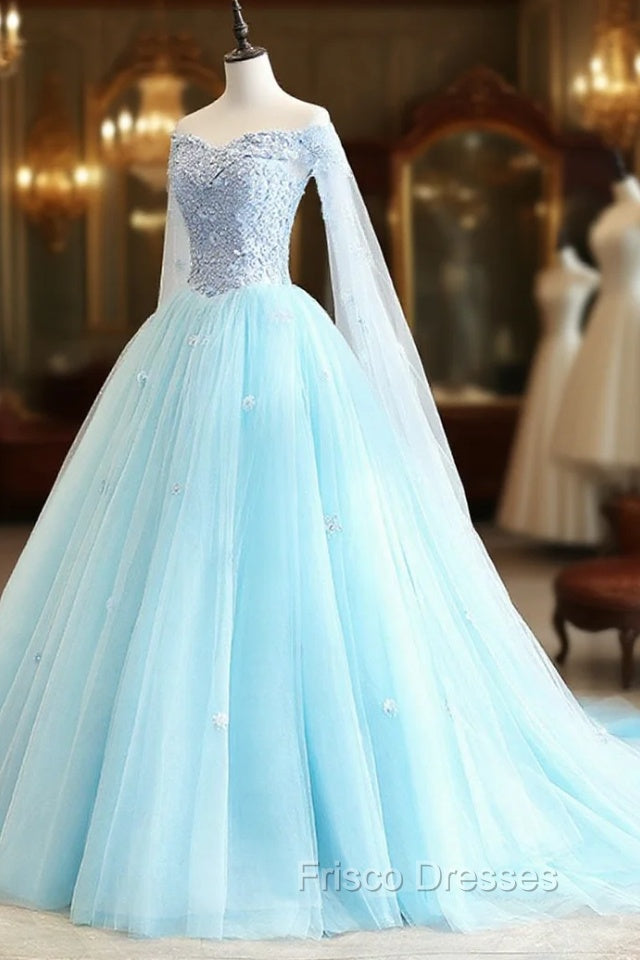 Blue Sweetheart Neck Tulle Lace Long Formal Prom Dress, Blue Evening Dress