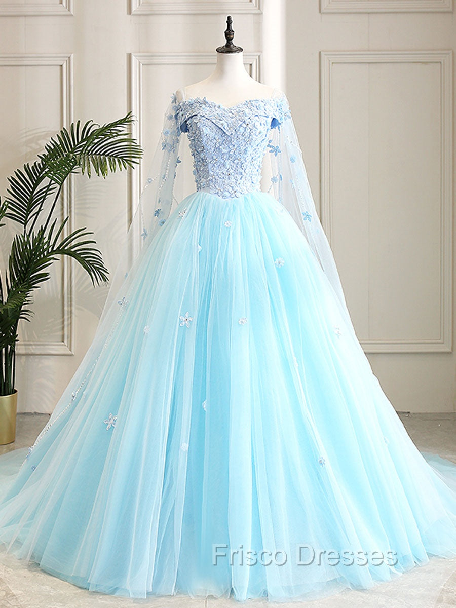 Blue Sweetheart Neck Tulle Lace Long Formal Prom Dress, Blue Evening Dress Main image