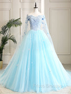 Blue Sweetheart Neck Tulle Lace Long Formal Prom Dress, Blue Evening Dress