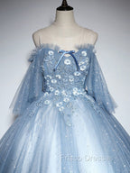 Blue Sweetheart Neck Tulle Lace Long Formal Prom Dress, Blue Evening Dress