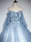 Blue Sweetheart Neck Tulle Lace Long Formal Prom Dress, Blue Evening Dress
