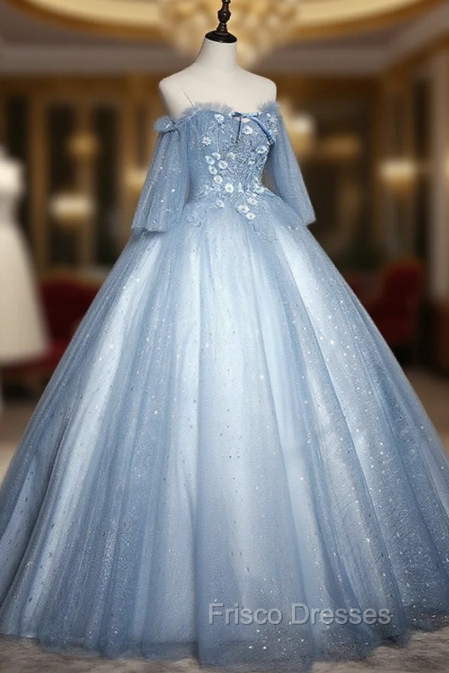 Blue Sweetheart Neck Tulle Lace Long Formal Prom Dress, Blue Evening Dress