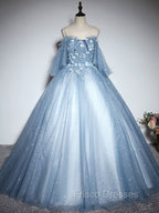 Blue Sweetheart Neck Tulle Lace Long Formal Prom Dress, Blue Evening Dress
