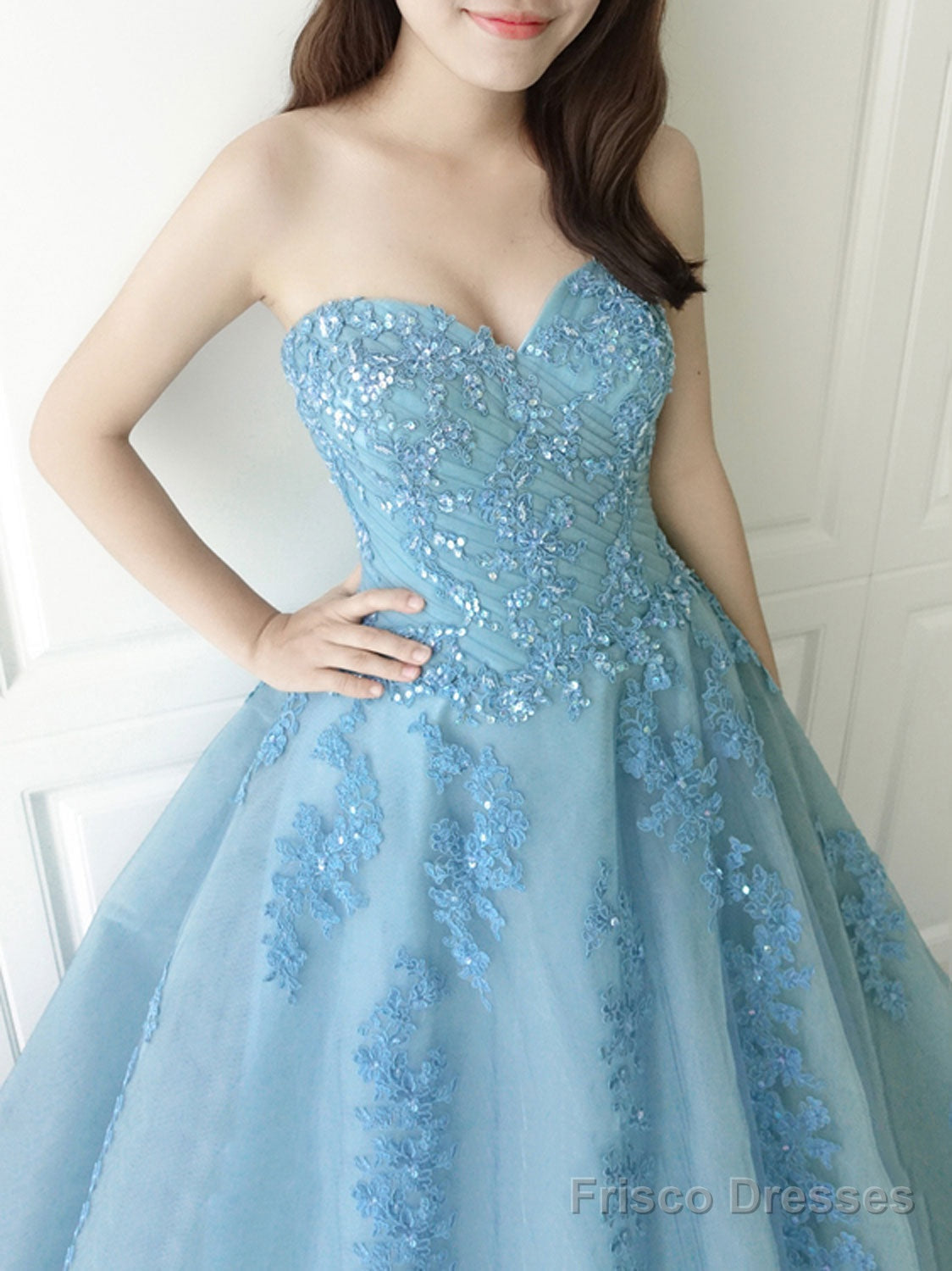 Blue Sweetheart Neck Tulle Lace Long Prom Dress, Blue Tulle Formal Dress Secondary image