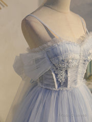 Blue sweetheart neck tulle lace short prom dress blue puffy homecoming dress