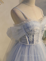 Blue sweetheart neck tulle lace short Formal Prom Dress blue puffy homecoming Dress